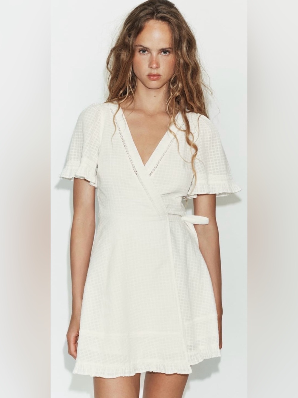 Zara White Wrap Midi Dress with Flutter Sleeves